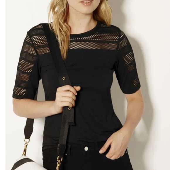 Karen Millen Black Knit Mesh Zip Back Hi Lo Rounded Hem Top Shirt Casual - Picture 1 of 10
